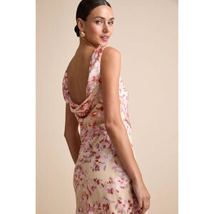 Lulus Tarice Beige Floral Jacquard Cowl Back Midi Dress - Size S